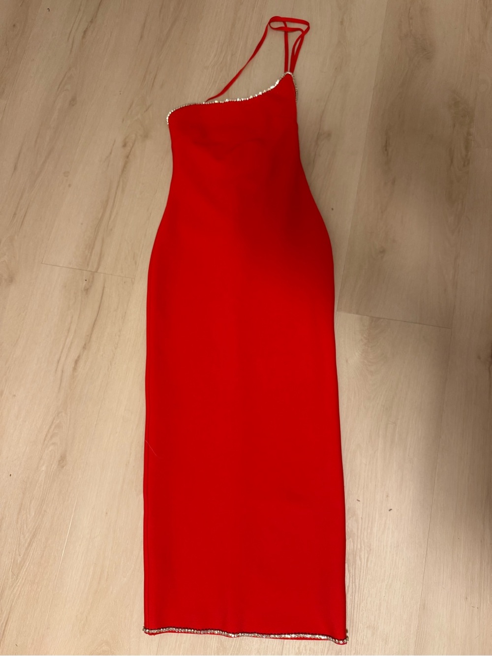 Red One-Shoulder Rhinestone-Trim Evening Dress
